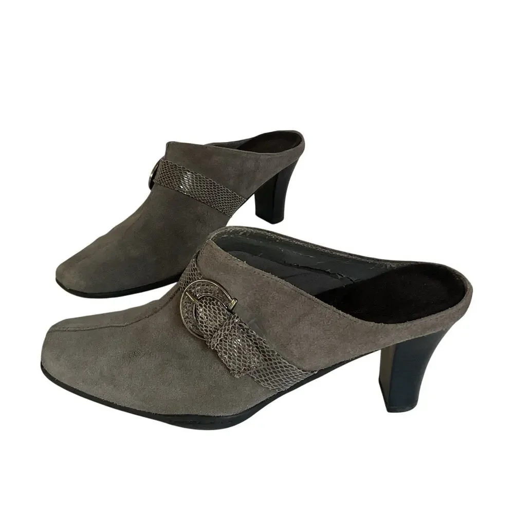 Aerosoles Women’s Size 8 Gray Suede Mule Heels Buckle Slip On Shoes