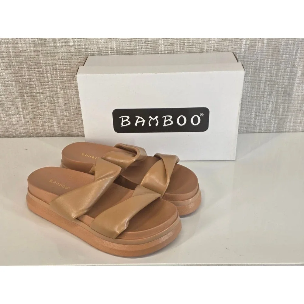 Bamboo‎ Reiki-11 Tan Platform Slide Sandals Double Twist Strap Size 11 052/022