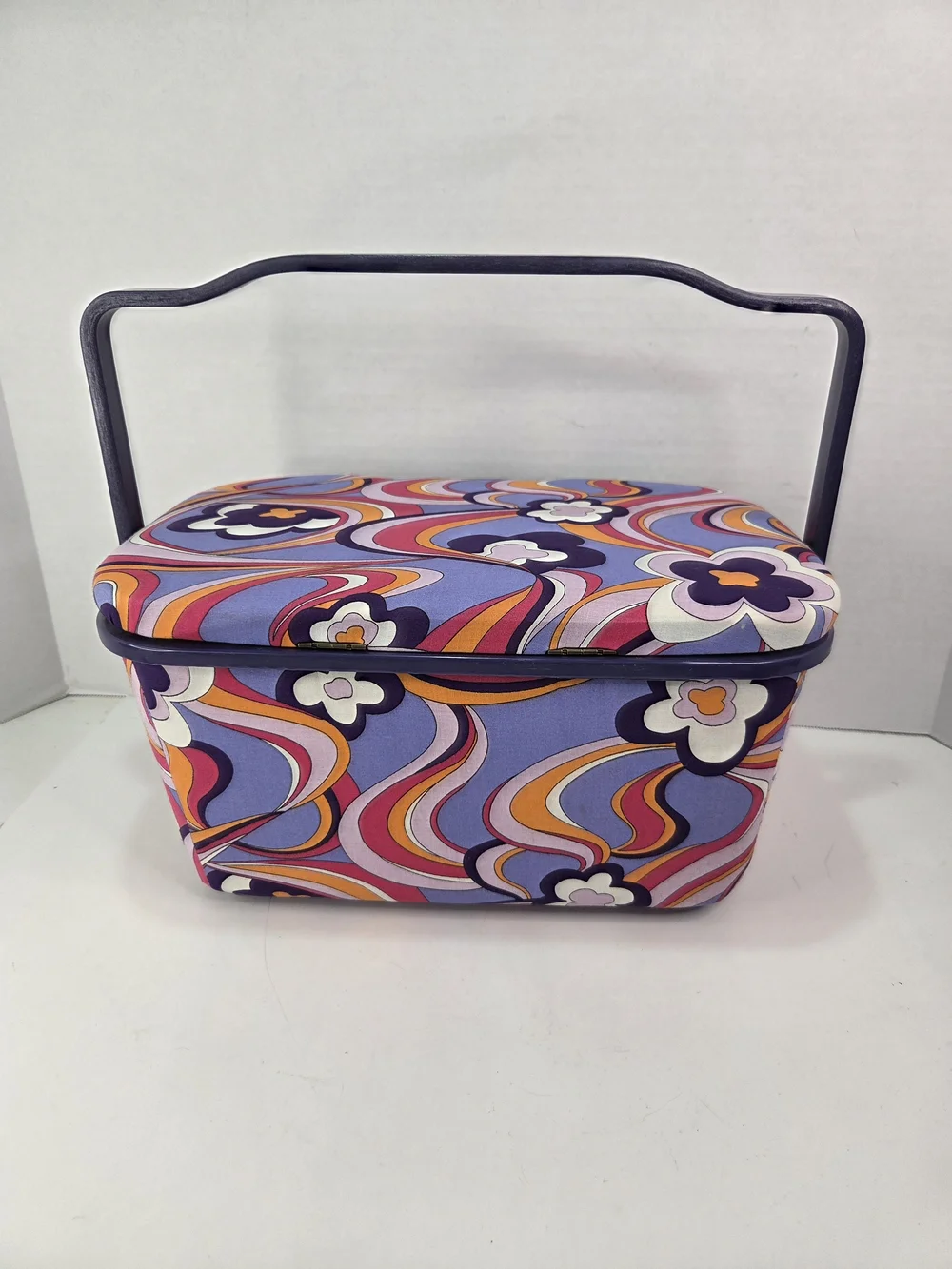 VTG. 1960-70s Peter Max Style Print Sewing Basket Groovy Flower Power Colors
