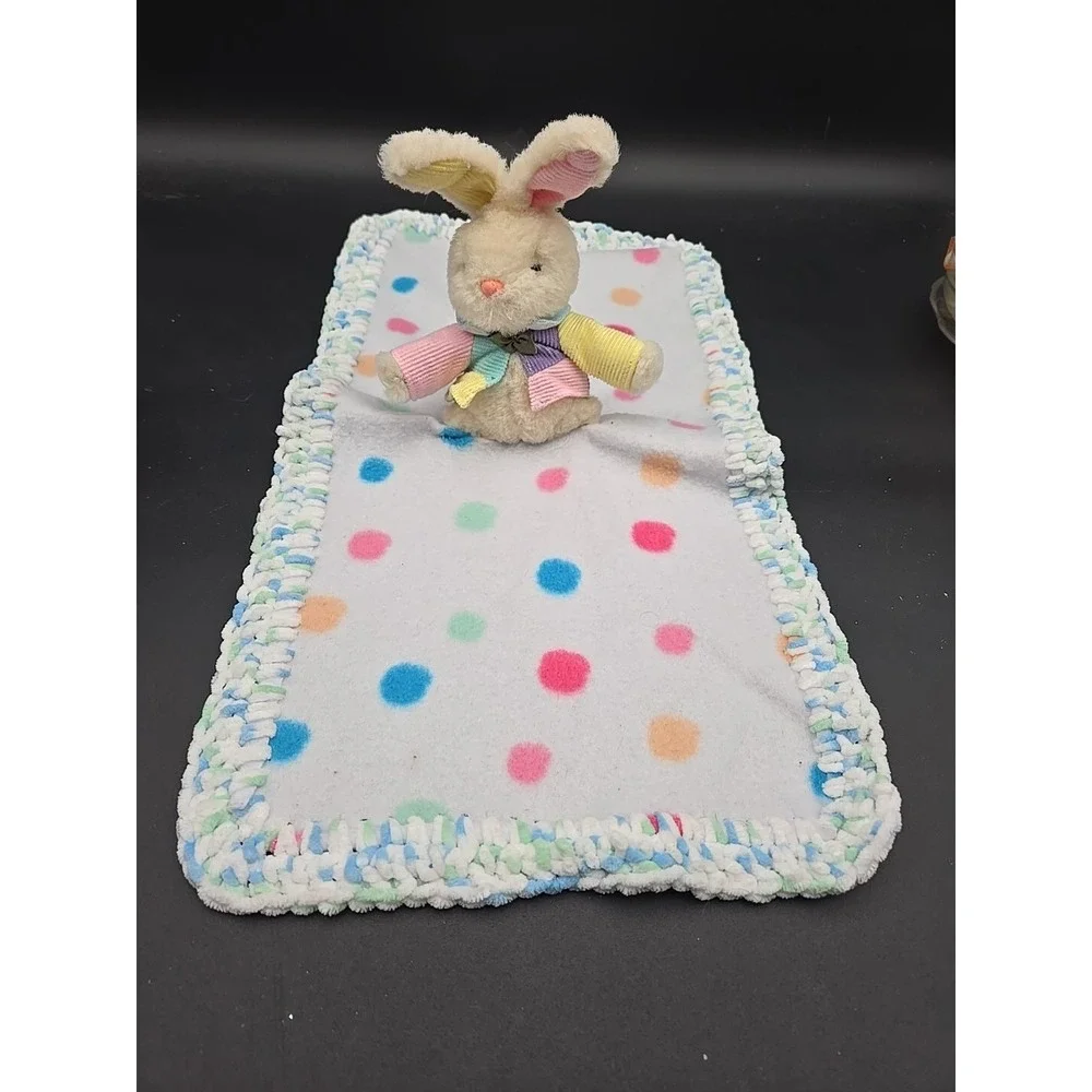 Baby Pastel Crochet Edge Bunny Lovey Blanket‎ Color Block Polka Dot Rabbit