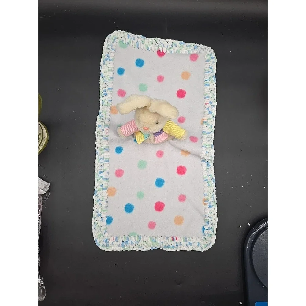 Baby Pastel Crochet Edge Bunny Lovey Blanket‎ Color Block Polka Dot Rabbit