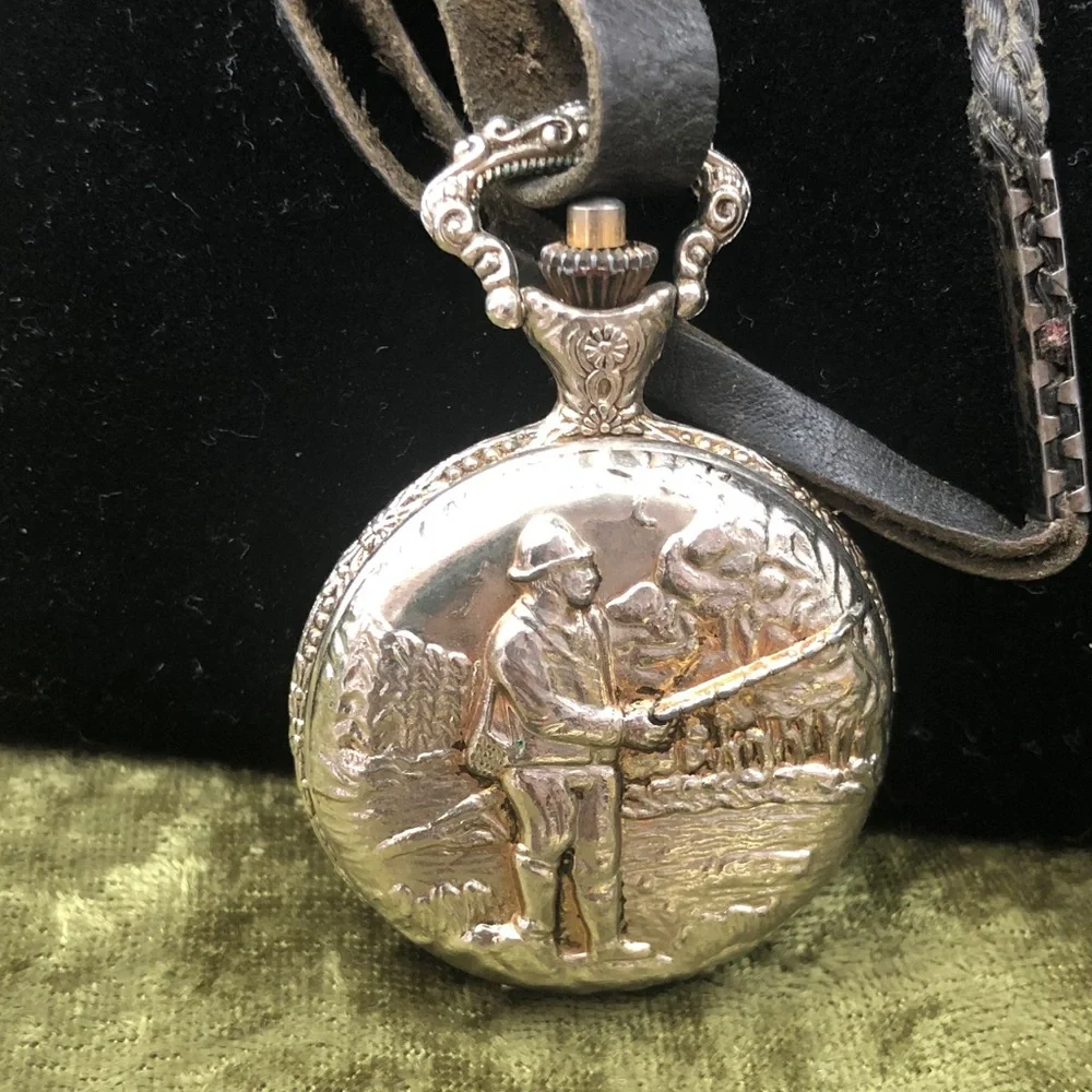 Silver-Tone Pocket Watch with Black Leather Strap man fishing
