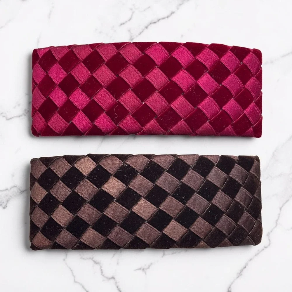 Velvet Satin Woven‎ Intrecciato-Inspired Hair Clips Barrettes Set of 2 Red Brown