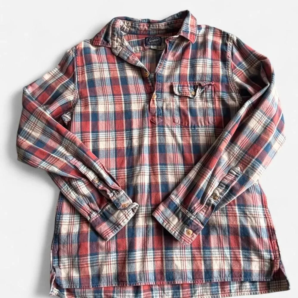 Vintage J.Crew Men's Red Cream Blue Pullover Plaid Button Up Collared Shirt