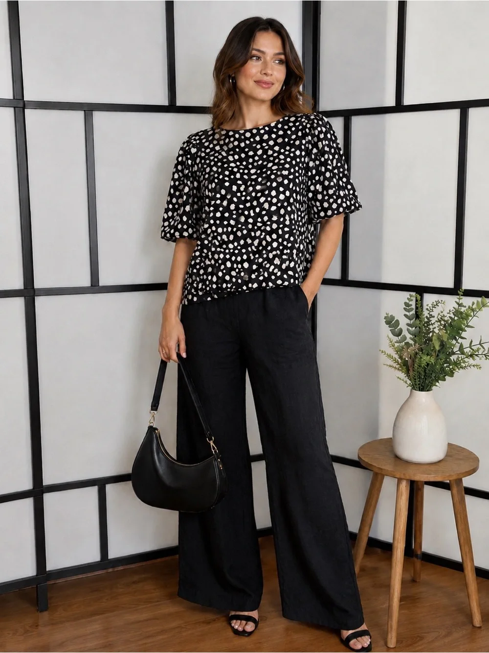 LOFT Open Back Bow Blouse Black Cream Print Size L