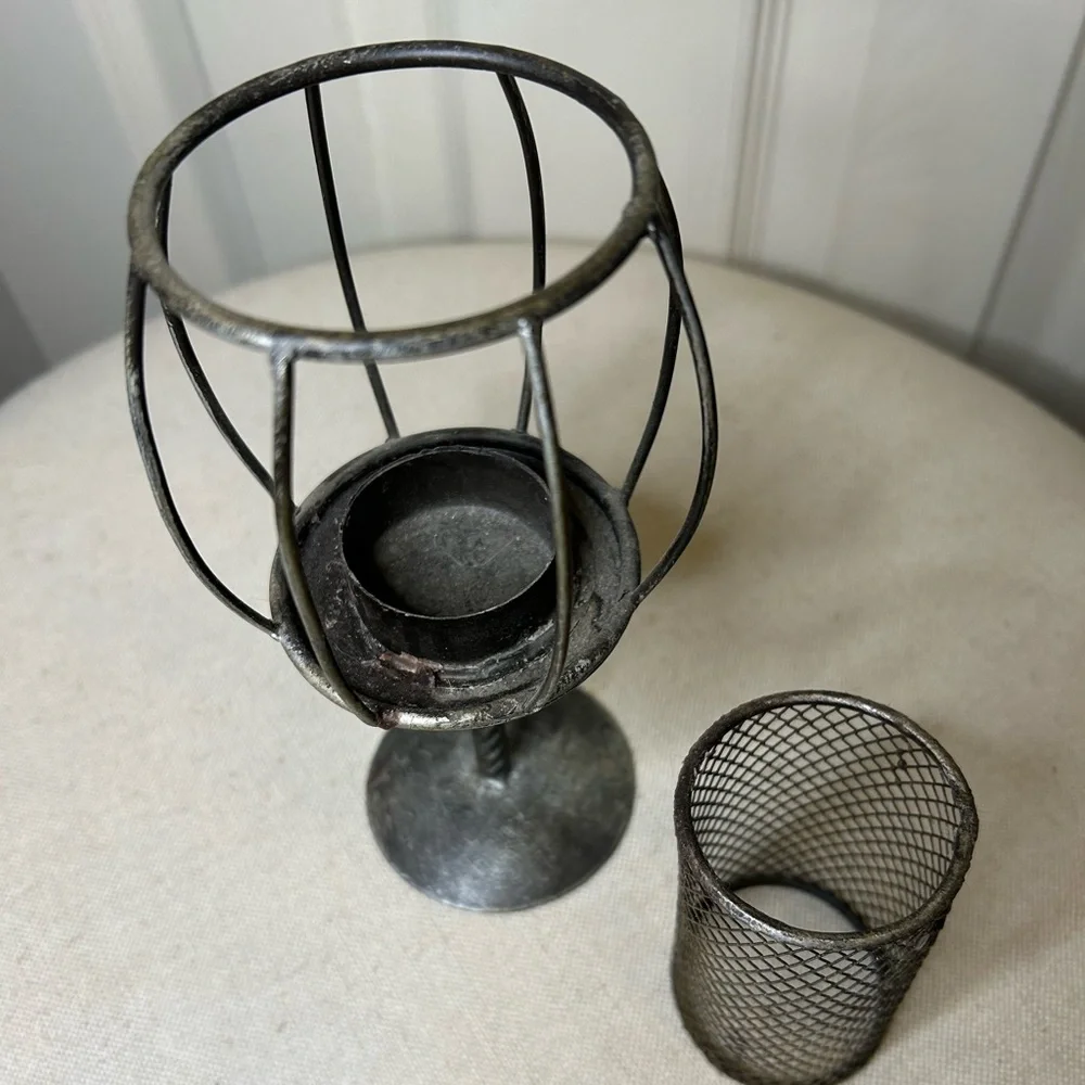 Silver Metal Votive Candle Holder With Round Base Removable Wire Mesh Surround
