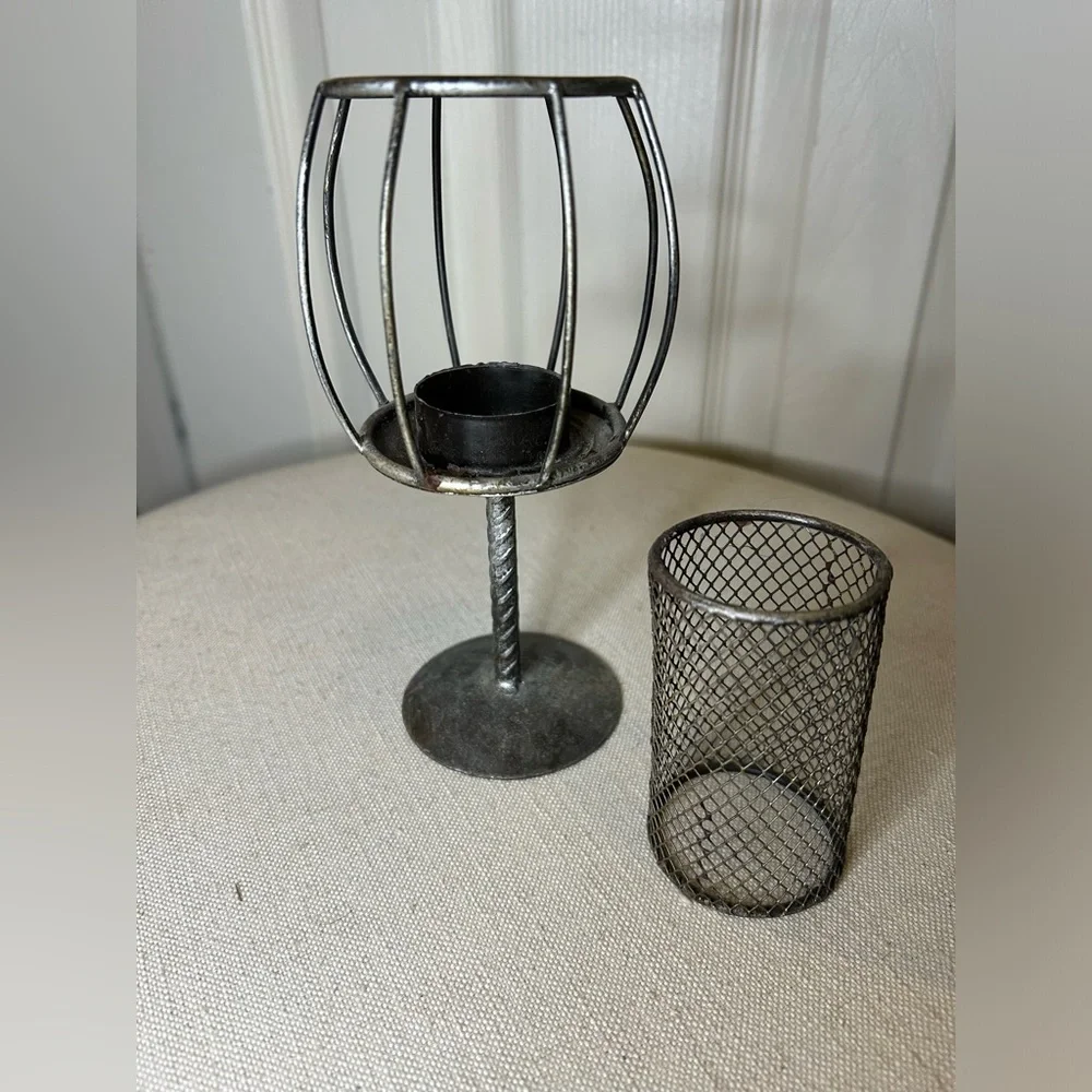 Silver Metal Votive Candle Holder With Round Base Removable Wire Mesh Surround