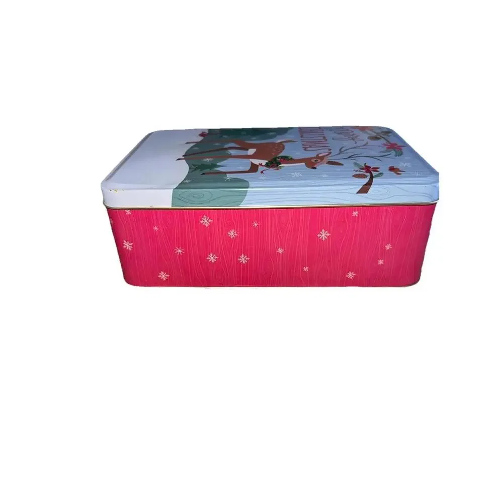 Vintage Style Reindeer Christmas Tin - Retro Woodland MCM Holiday Cookie‎ Box