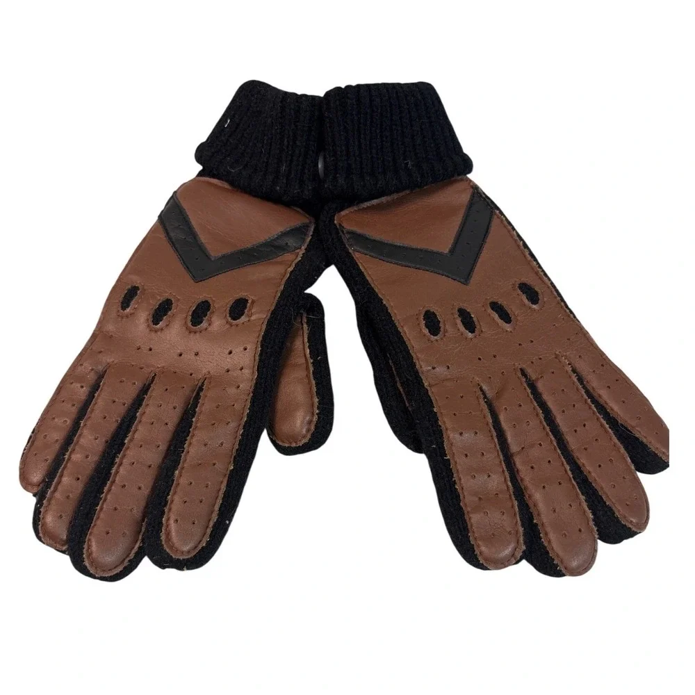 Vintage Aris Knit Gloves Brown Leather Accent V Chevron‎ Perforated Ladies