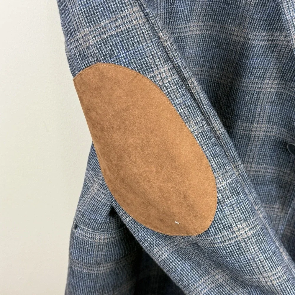 Saks Fifth‎ Avenue Black Label Blazer Men 46R Wool Black/Blue/Tan Elbow Patches