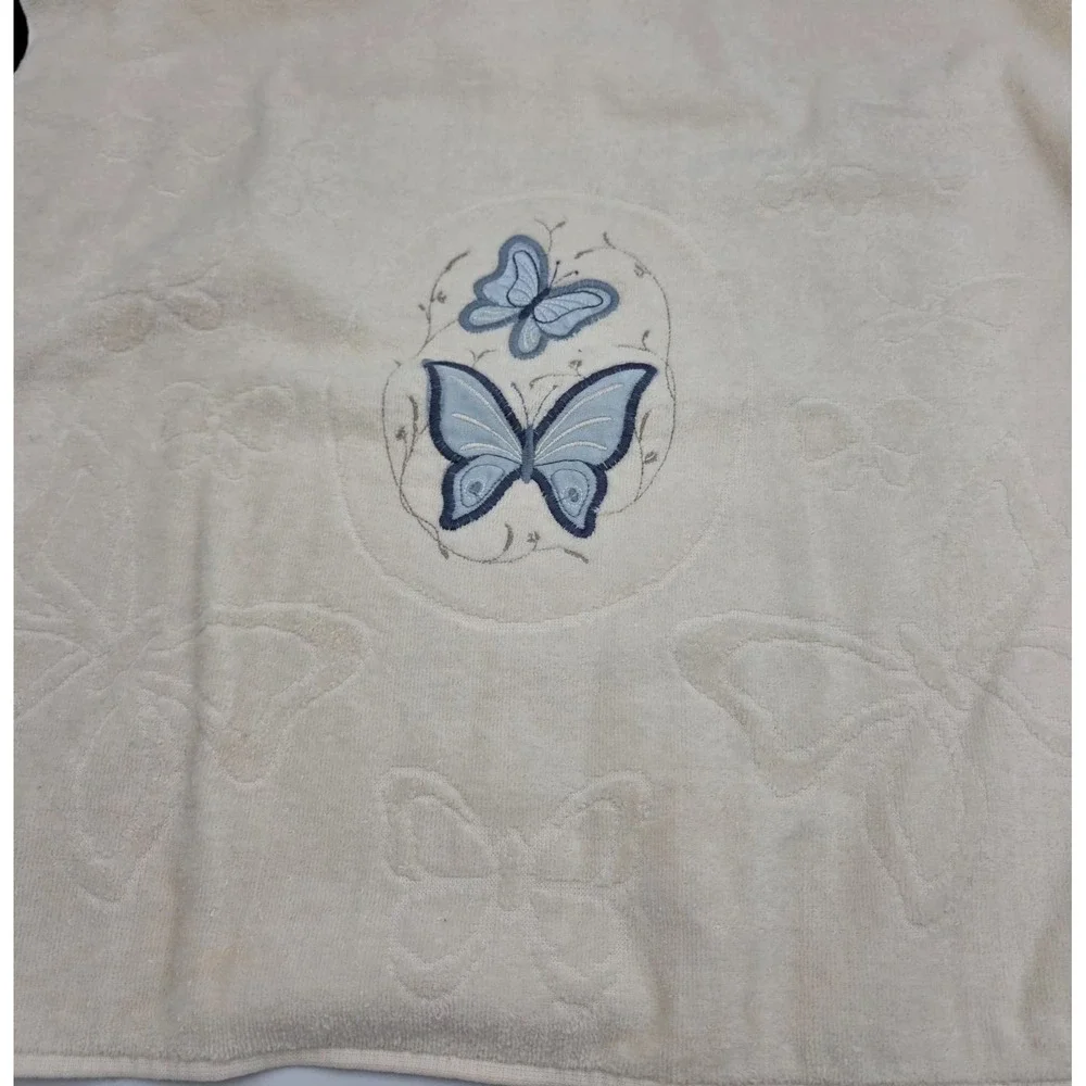 VTG R.A. Briggs Bath Towel‎ & Washcloth 2-Piece Blue Ivory Butterfly Embroidered