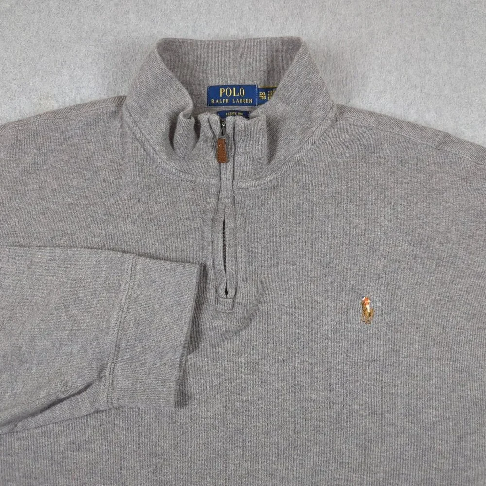 Polo Ralph Lauren Sweater Mens 2XL Gray Long Sleeve Estate Rib 1/4 Zip Pullover