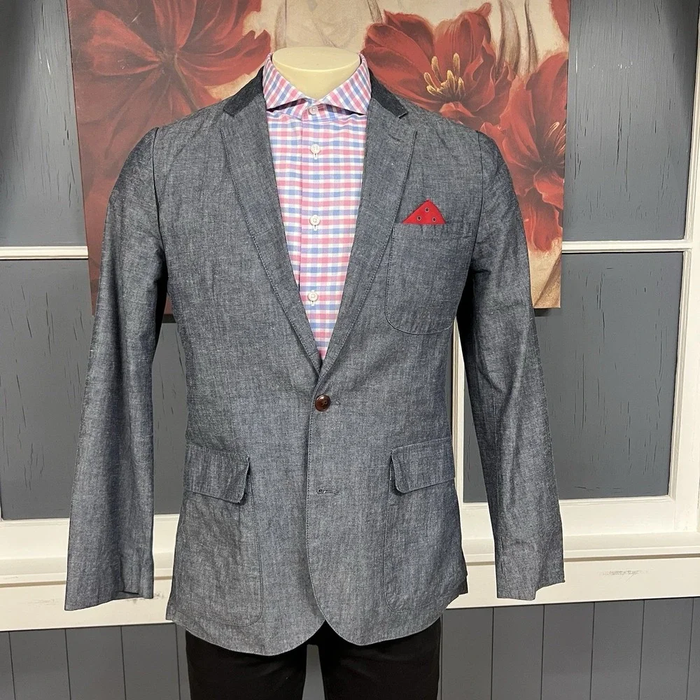 J. Crew Blazer Sport Coat Mens Sz Small (36-38R)‎ Cotton Grayish Navy Chambray
