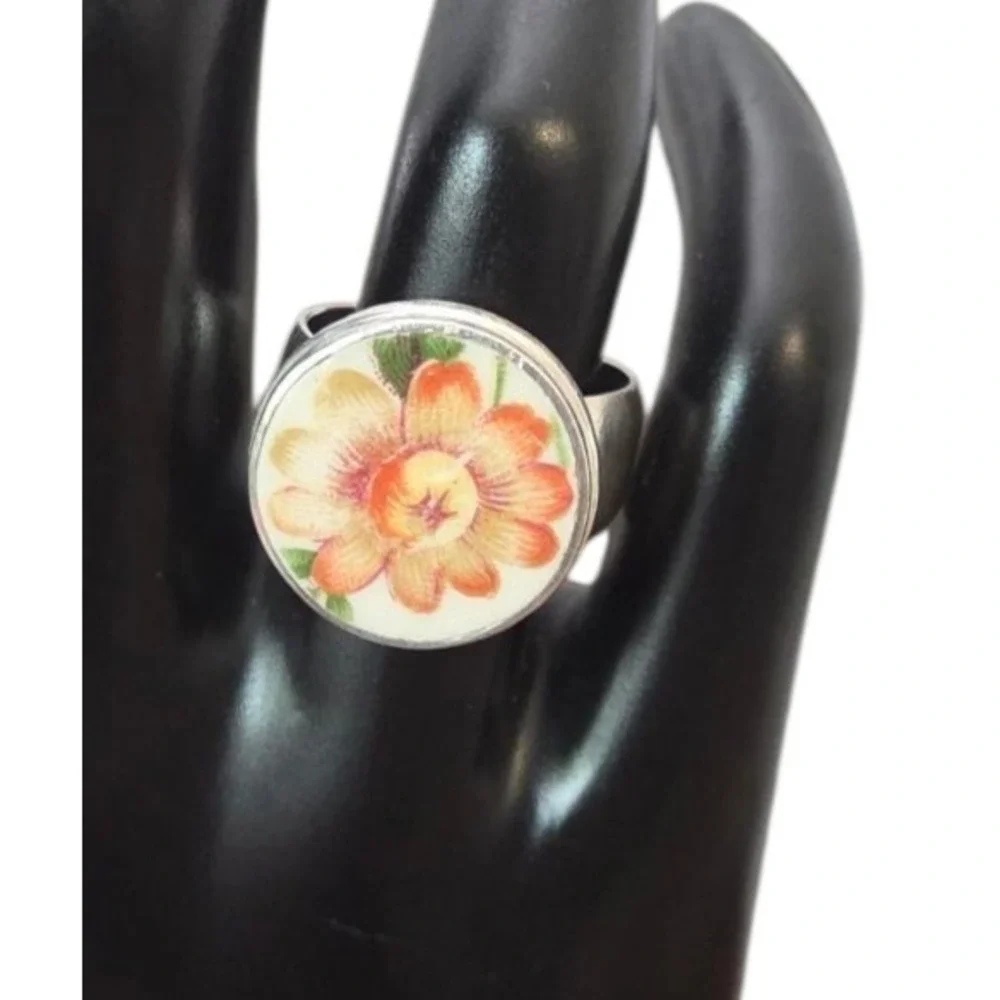 Women's Size 7 Baroque Handpainted Ceramic Flower Sterling 925 Vintage Wide Ring