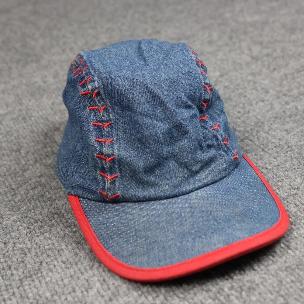 Little Slugger Hat‎ Cap Fitted Kids Toddler 2-4 Yrs Blue Denim Red Trim Baseball