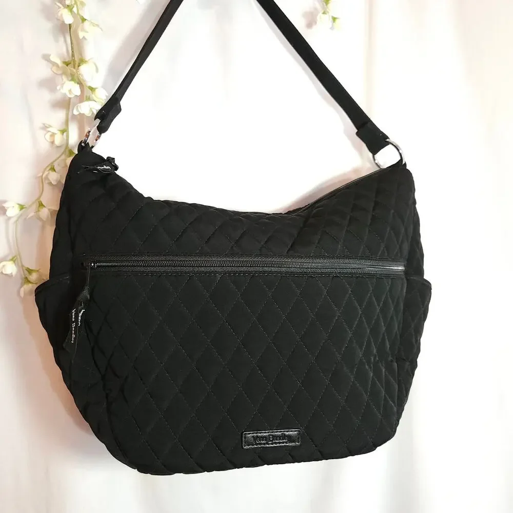 Vera Bradley Black Quilted Hobo Shoulder Bag Rose Floral Lining