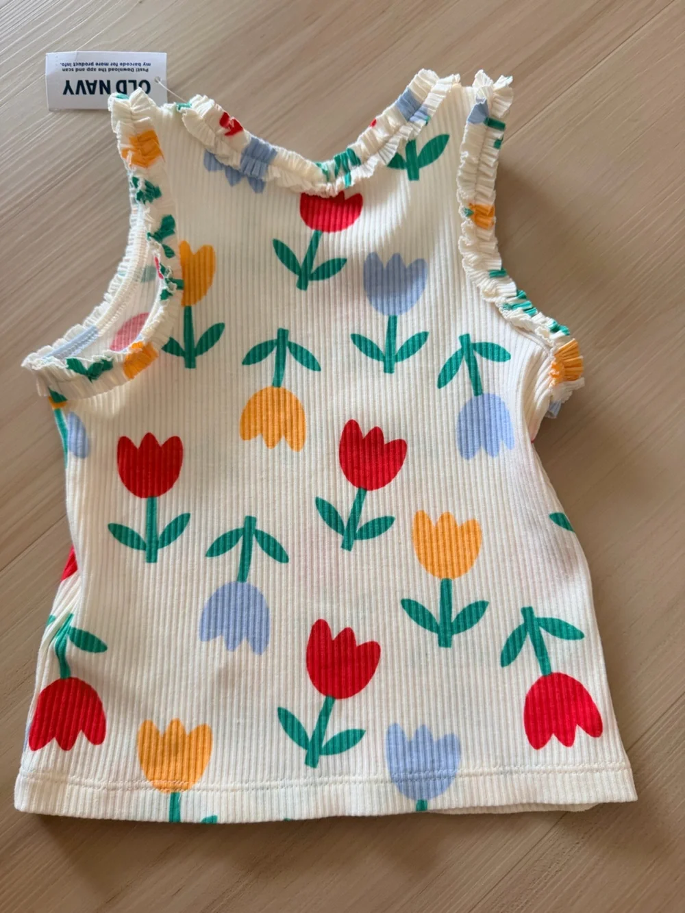 Old Navy Cream Tulip Print Ruffle Tank Top - Red, Yellow, Light Blue, Green