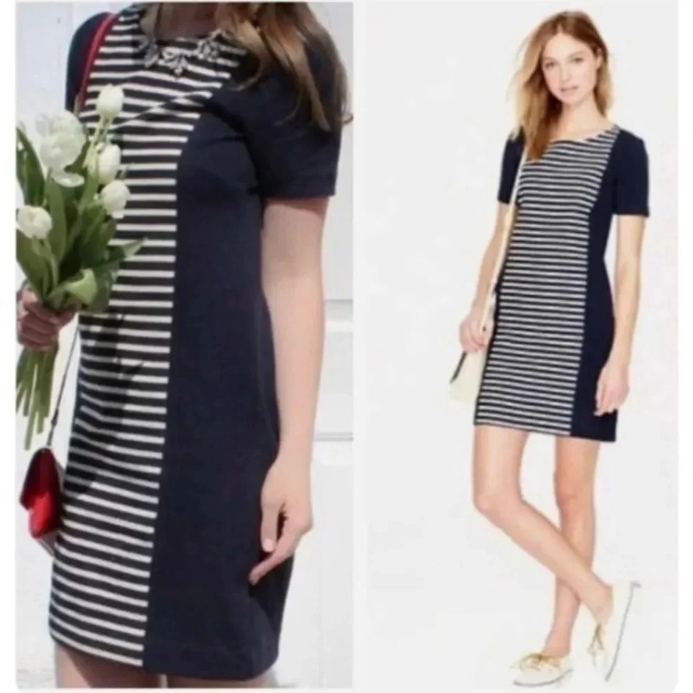 J. Crew | Navy Blue Ivory Texture Striped Cotton Shift Dress Women’s Size 10
