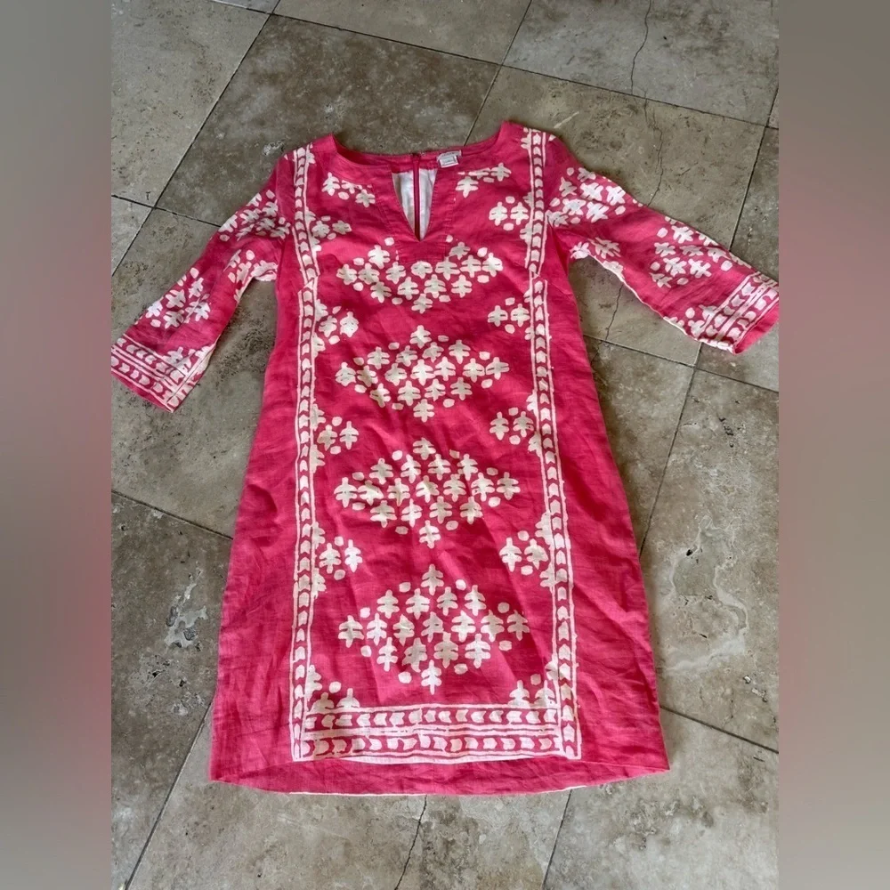 J.Crew coral pink/peach and beige, batik print, tunic style shift dress 2