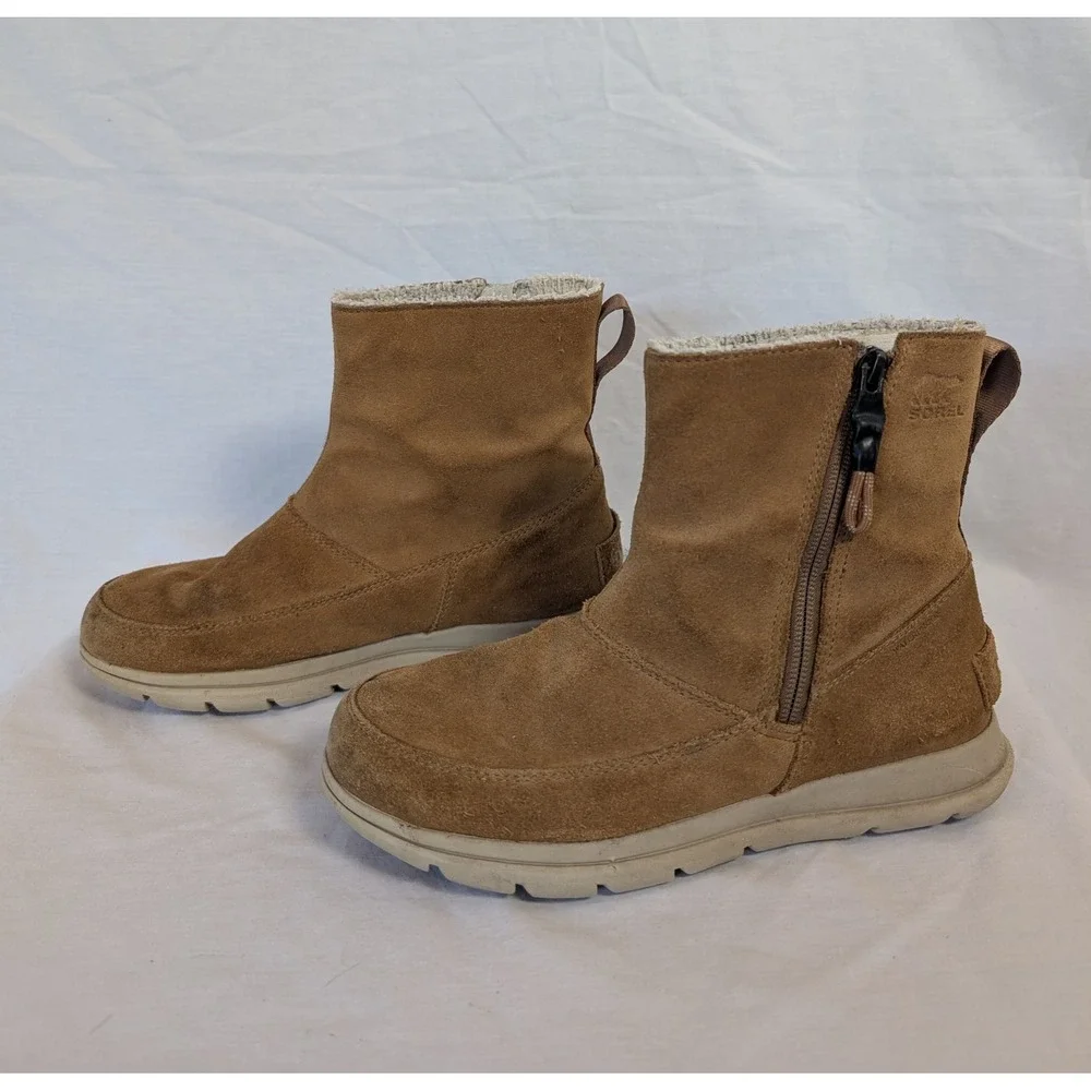 Sorel Explorer Zip Women's 6.5 Camel Brown Suede Moc Toe Winter Boots Boho Indie
