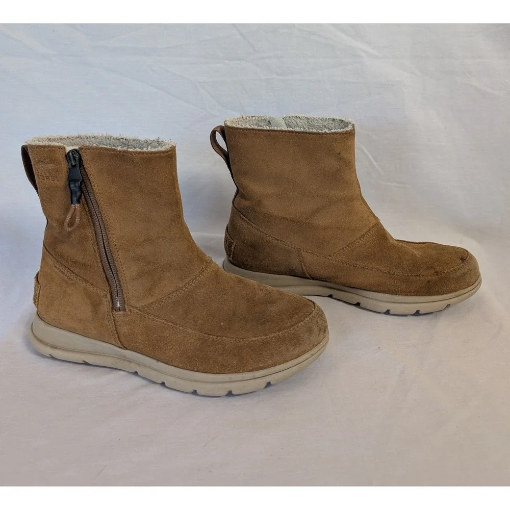 Sorel Explorer Zip Women's 6.5 Camel Brown Suede Moc Toe Winter Boots Boho Indie