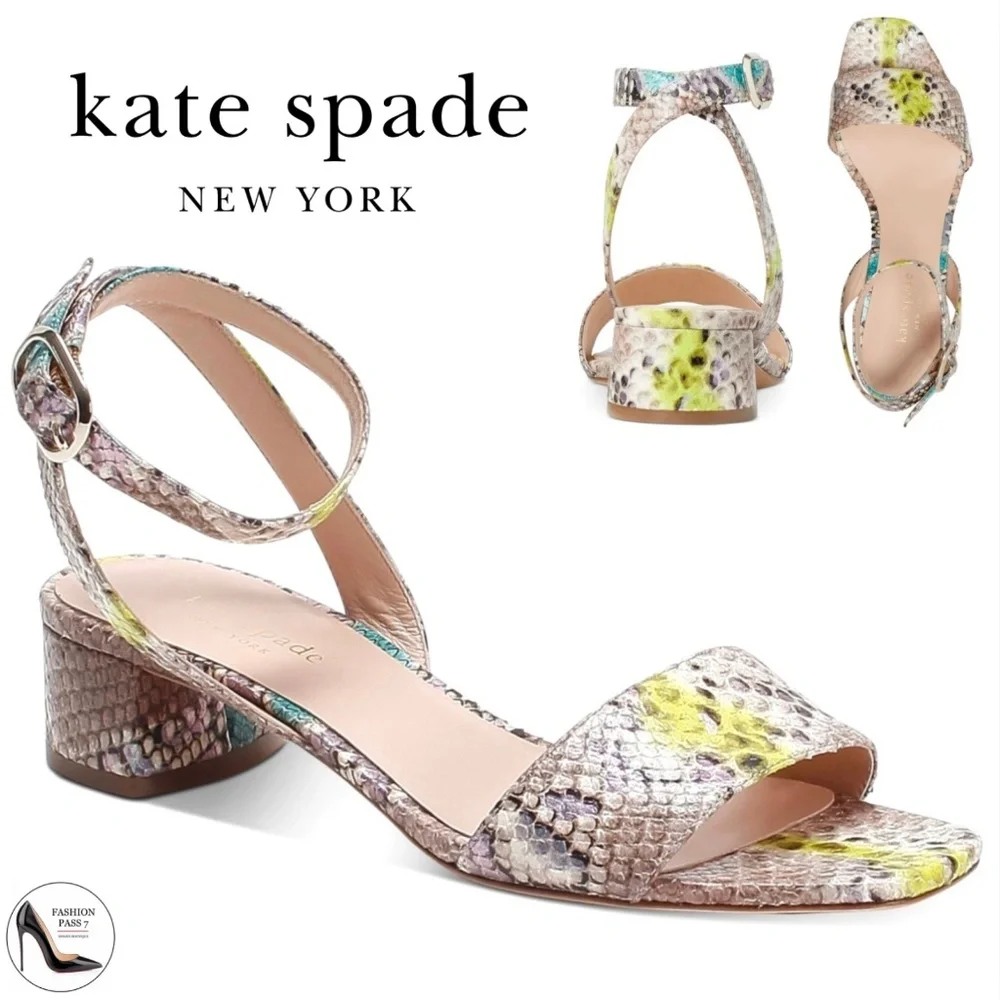 KATE SPADE Lucia Snakeskin Leather block heel Sandall Ankle strap round toe shoe