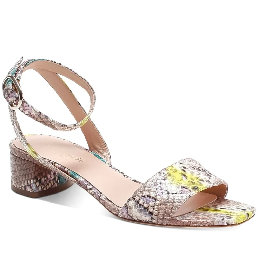 KATE SPADE Lucia Snakeskin Leather block heel Sandall Ankle strap round toe shoe