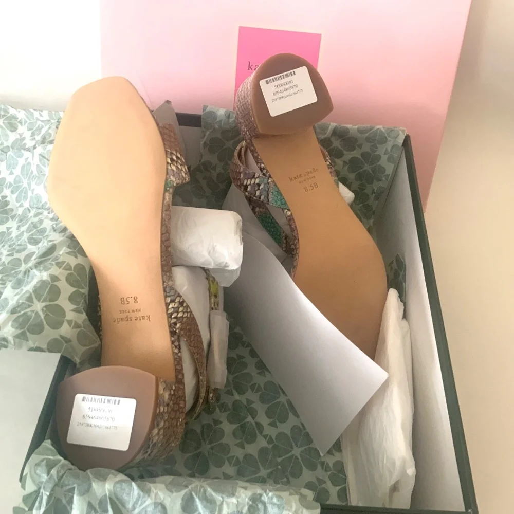 KATE SPADE Lucia Snakeskin Leather block heel Sandall Ankle strap round toe shoe