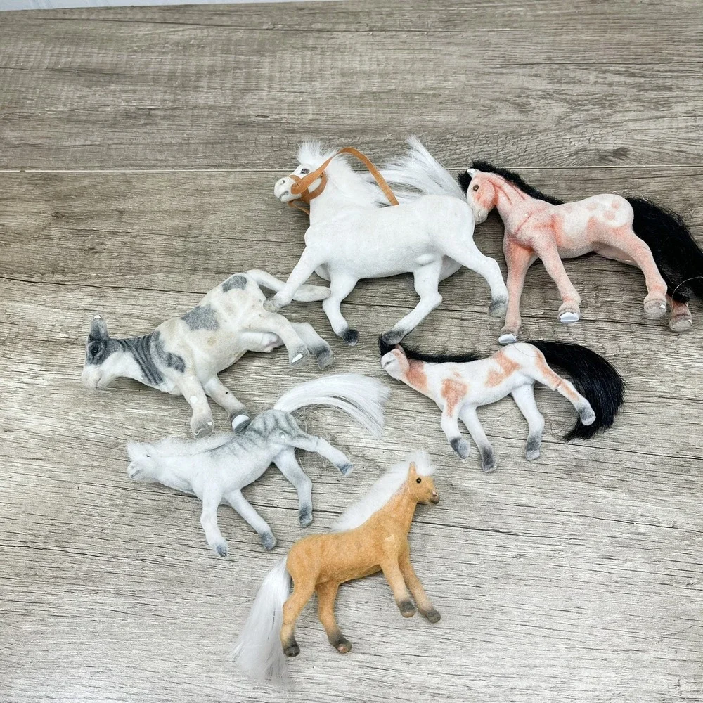 Vintage Flocked Horse and Cow Figurines Lot of 6 Fuzzy Farm Animals Toy Set