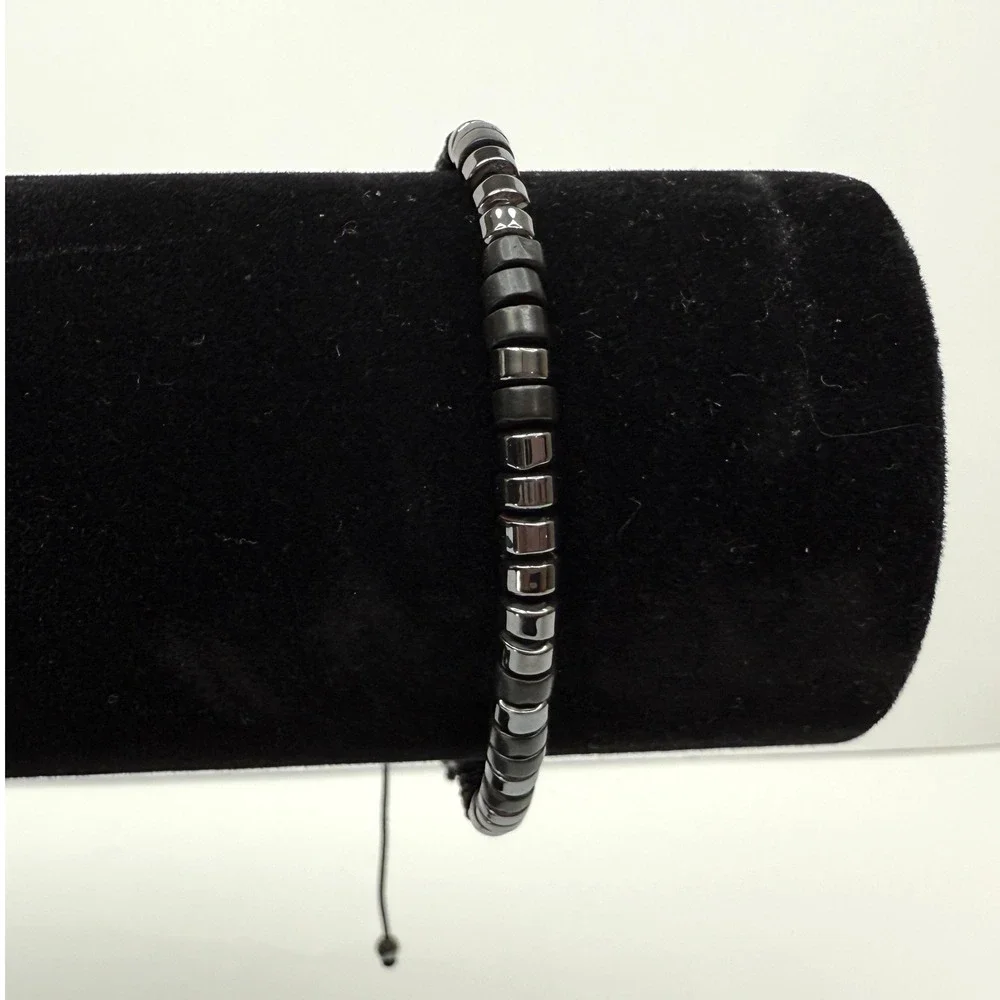 Hematite Disc Beads Bracelet Adjustable Black Macrame Band Fashion Jewelry