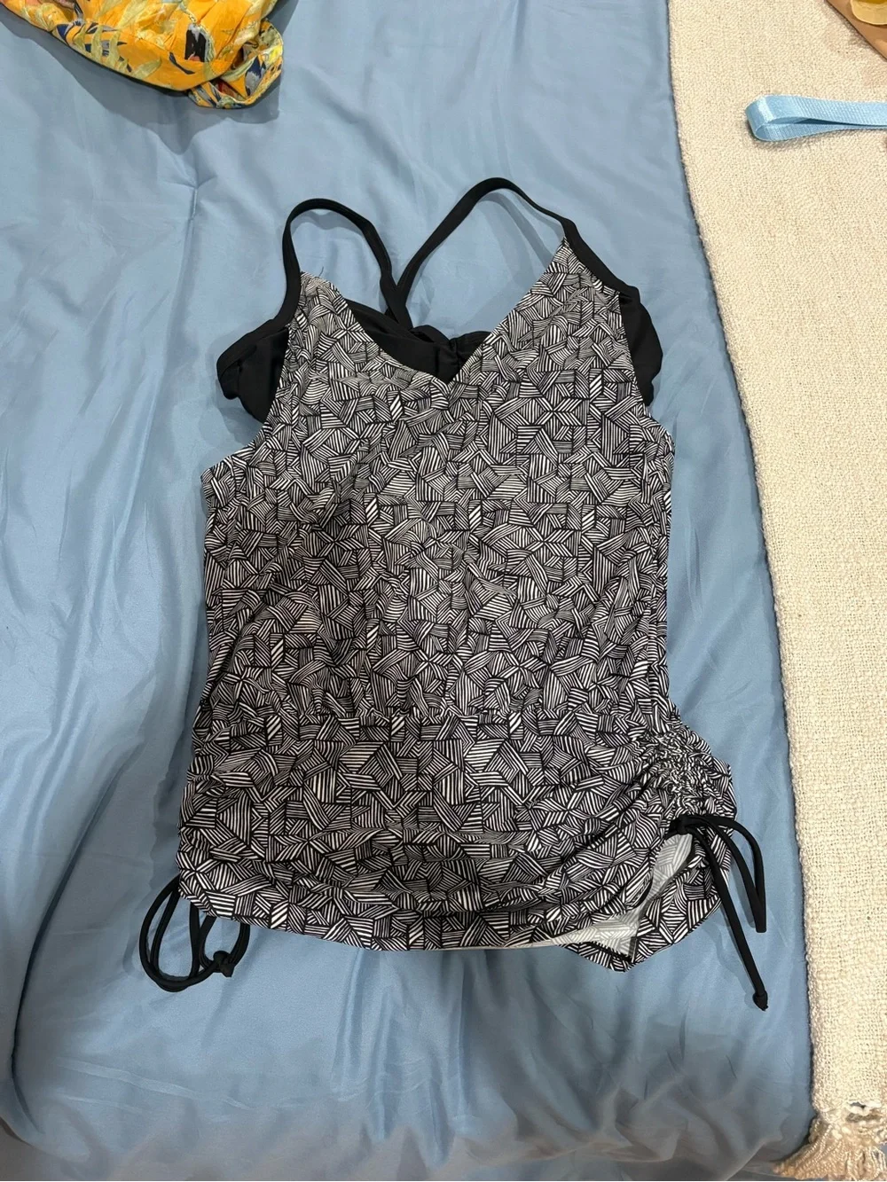 Athleta Black & White Geometric Swim Camisole with Adjustable Side Ties