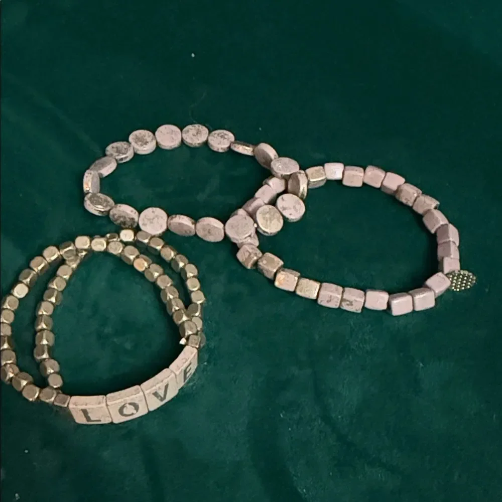 Beaded Stone Bracelet Set of (3) LOVE Bracelet Stretch Pink & Gold Stones