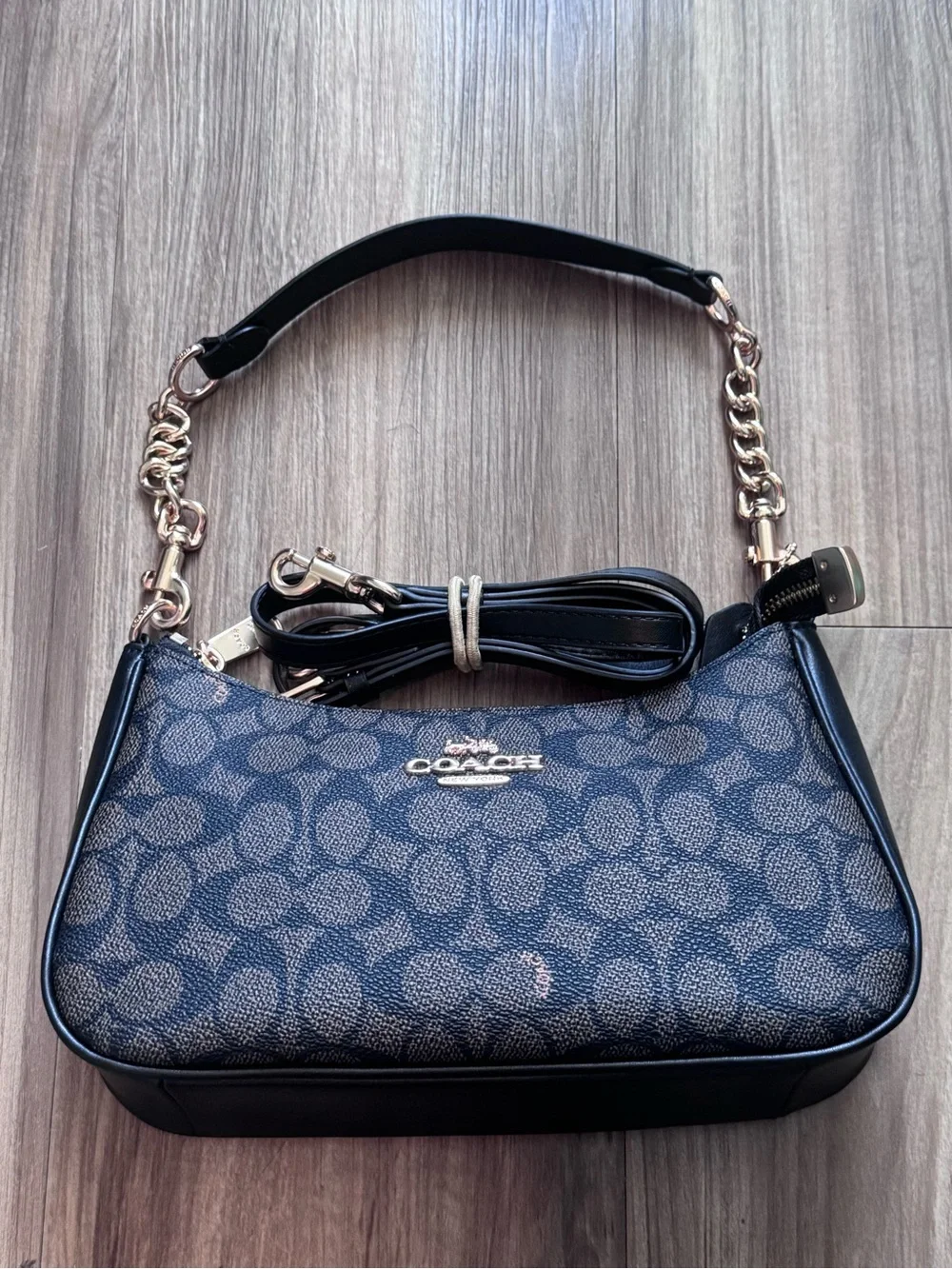 Coach Navy and Black Signature Canvas Shoulder Bag with Gold Hardware