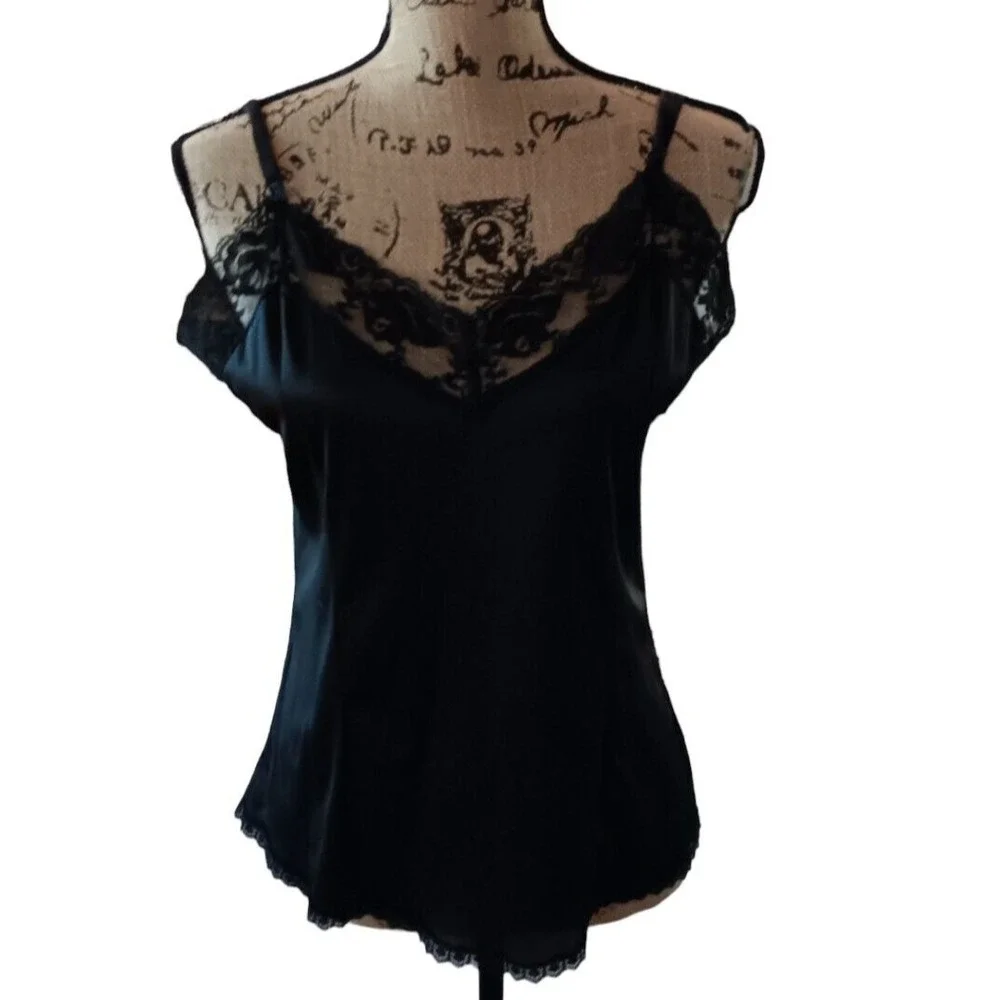 Black Lace Nylon Chemise Half Slip‎ Night Wear Adjustable Strap Camisole S-M X4
