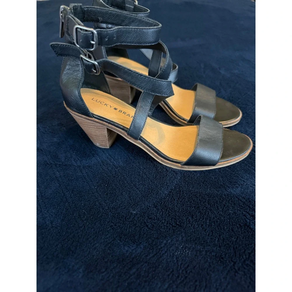 Lucky Brand LK-RESSIA Black Leather Multi‎ Strap Block Heel Sandals Womens 7M