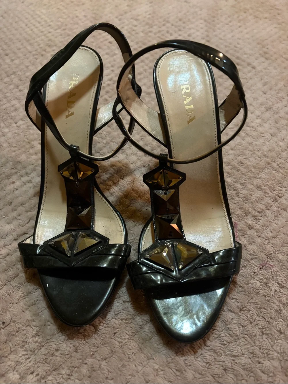 Prada Black Patent Leather T-Strap Heels with Geometric Jewels
