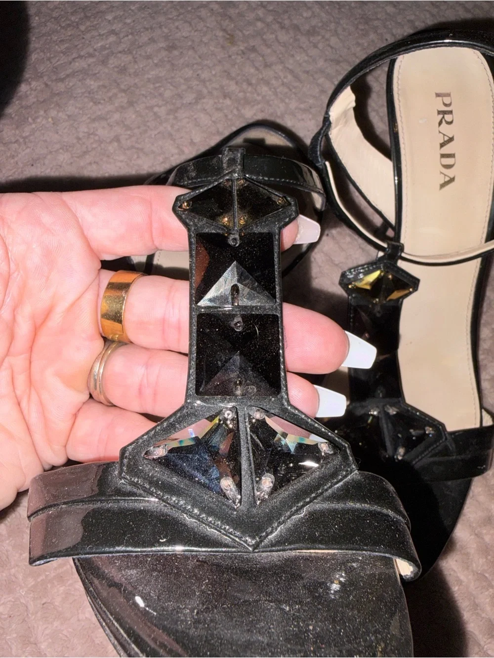 Prada Black Patent Leather T-Strap Heels with Geometric Jewels