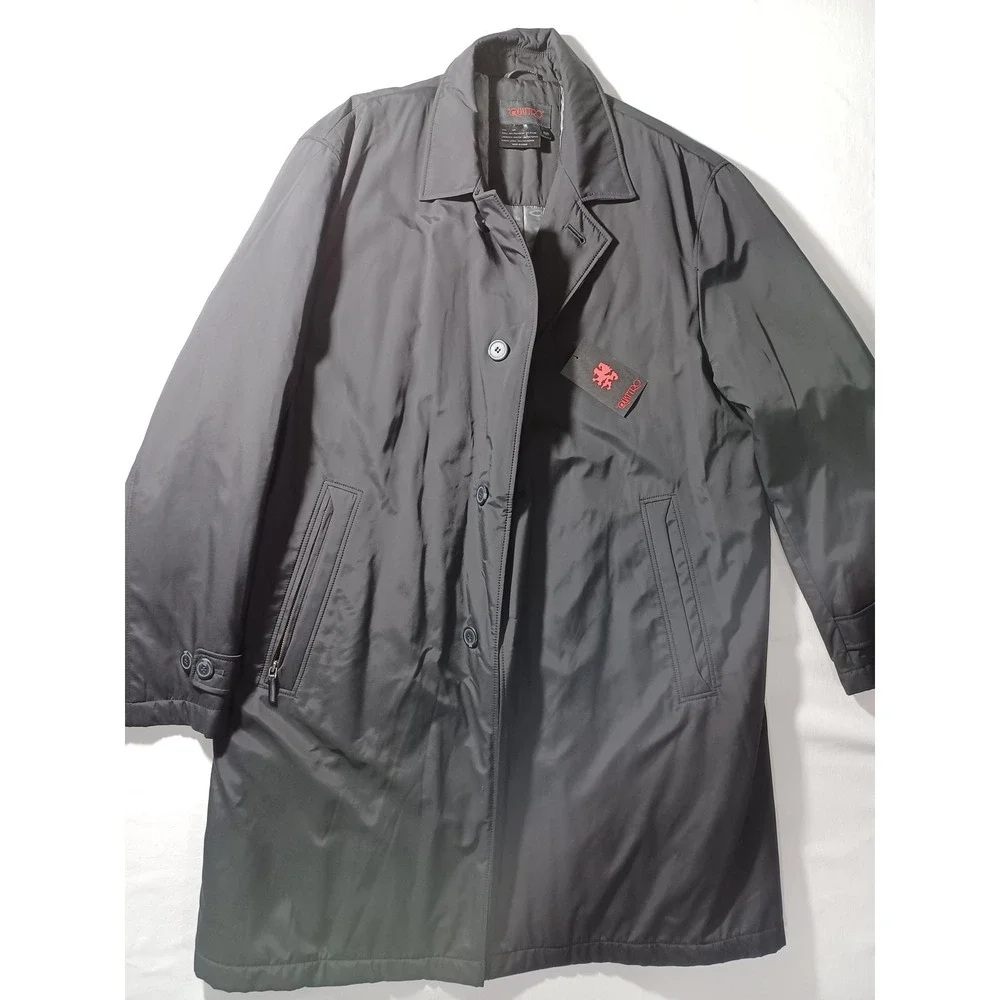 Di Quattro Coat Mens 44R Black‎ Rain Overcoat Quilted Lined Button Front