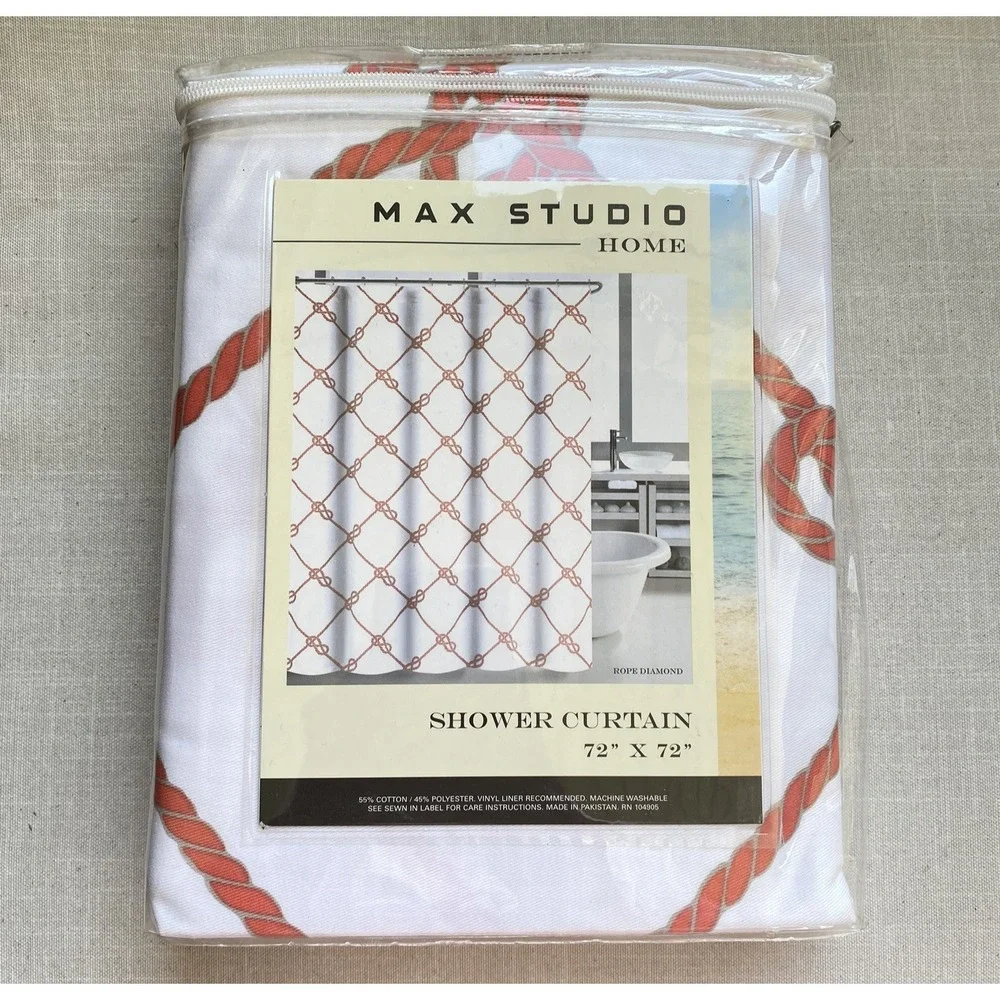 Max Studio Shower Curtain 72x72 Rope‎ Diamond Nautical Coastal White Coral
