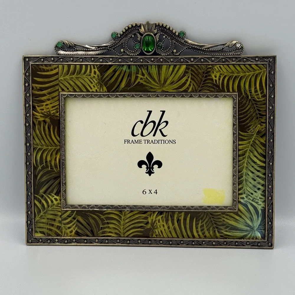 CBK‎ Enamel Picture Frame Palm Leaf Print Metal Gemstone NO GLASS Tropical Glam
