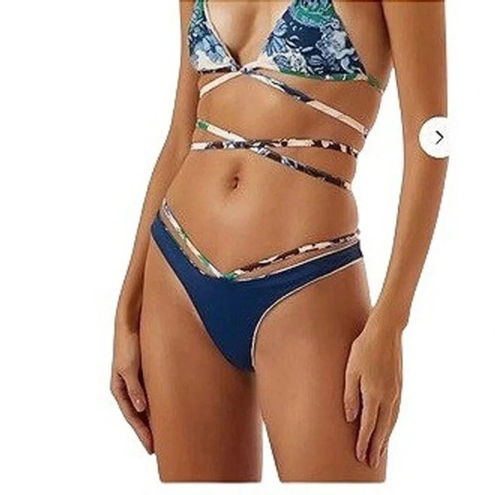 Agua Bendita Egle Cardumen Bikini Swim Bottom XL Beige Blue Floral Beach Cheeky‎