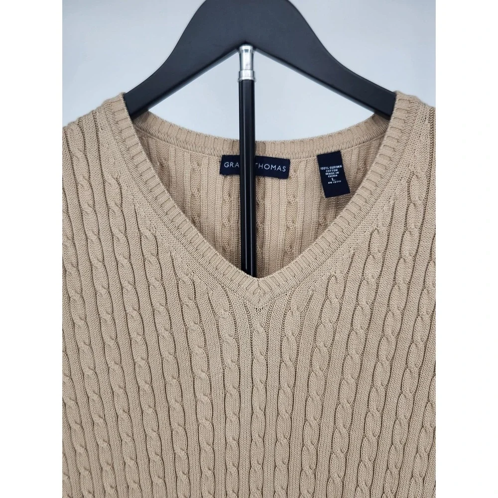 Grant Thomas Mens Tan Beige 100% Supima Cotton Cable Knit V-Neck‎ Sweater Vest L