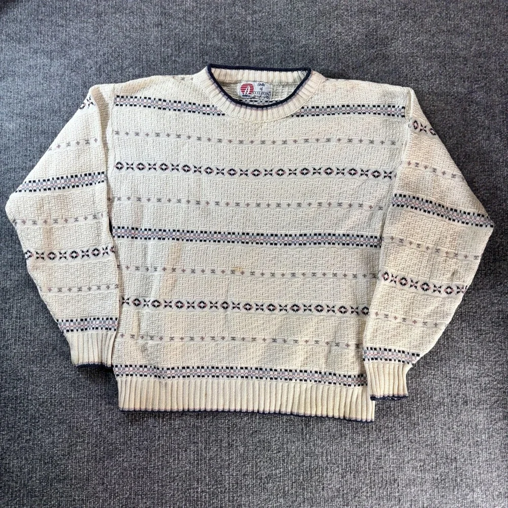 Vintage Isle Of Cotton Sweater Mens Medium White Stripe Waffle Knit Crewneck USA
