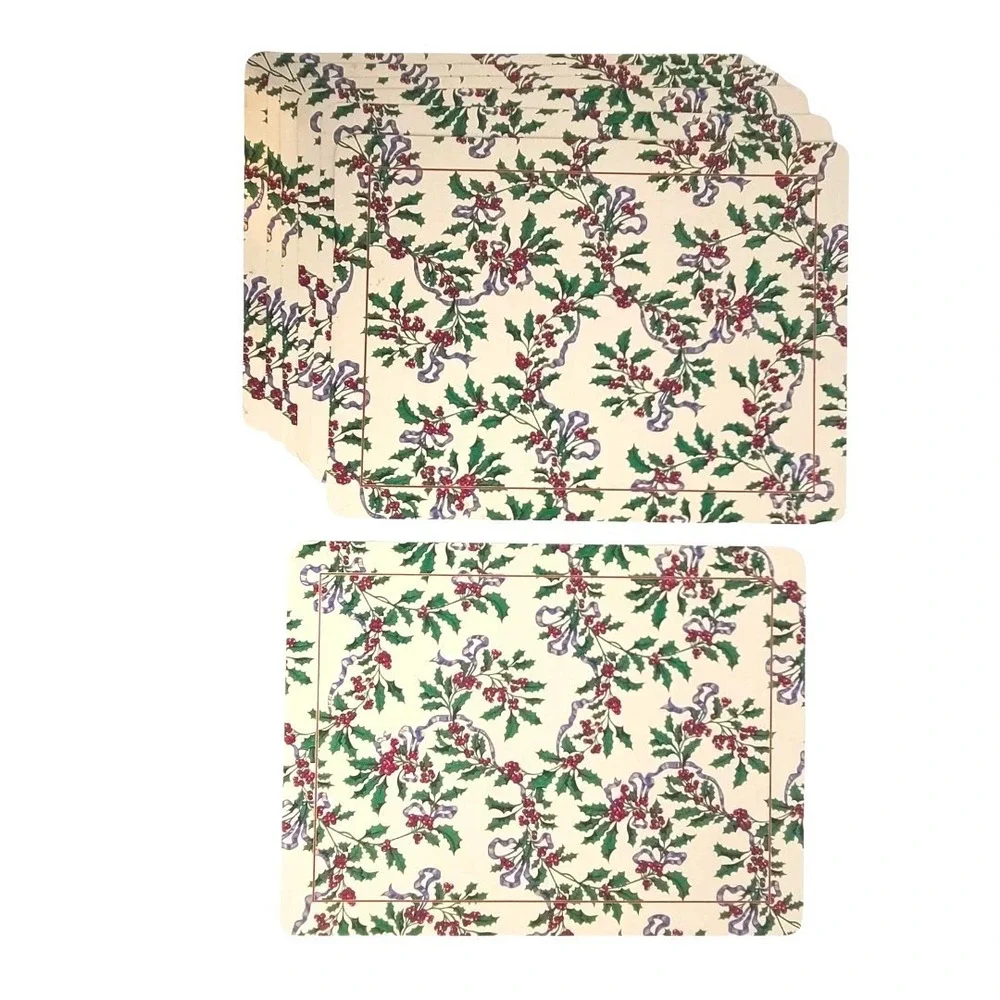 VALUE BUNDLE: 7 Vtg Caspari Holly Ribbon Christmas Laminated Placemats 16