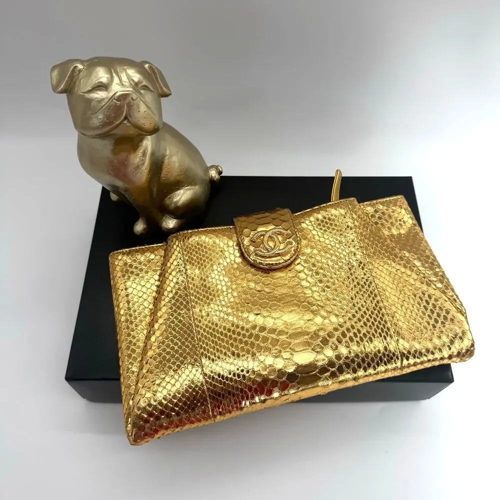 Chanel Gold Metallic‎ Python Clutch Series 19 2014 Full Set Glam