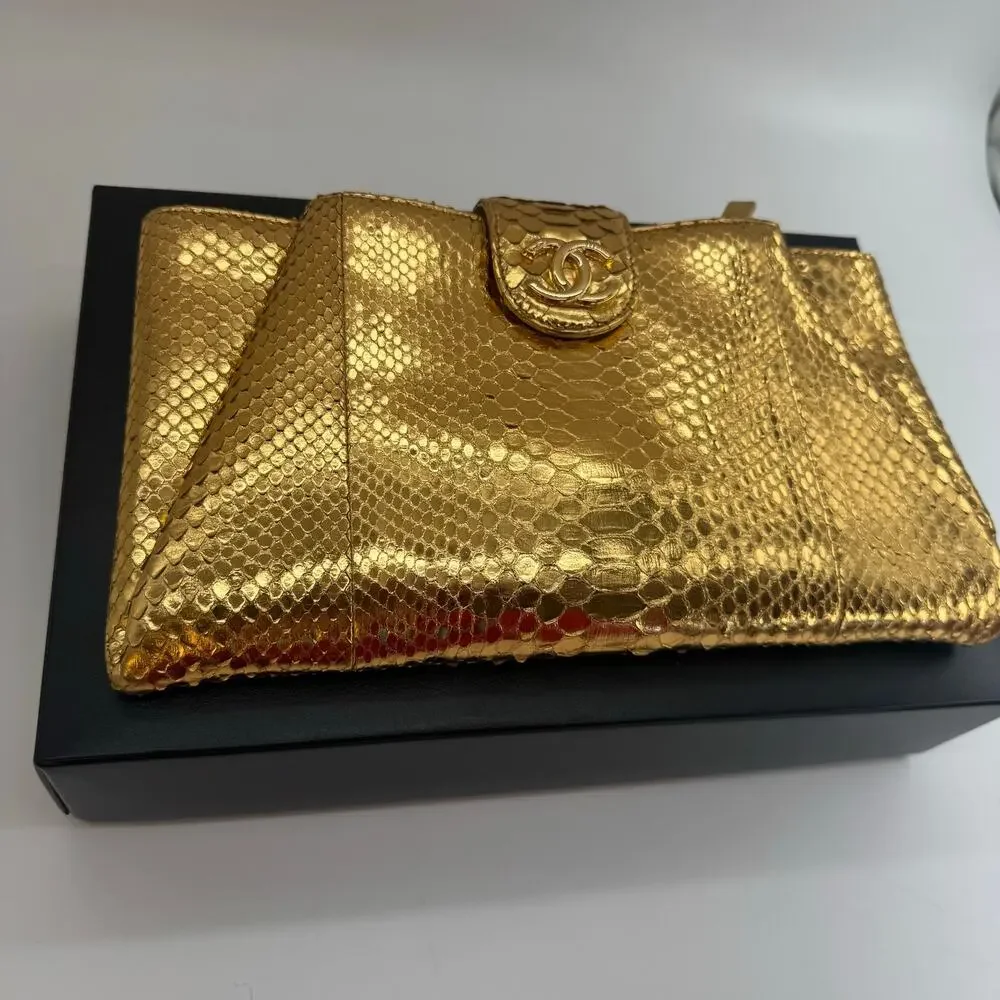 Chanel Gold Metallic‎ Python Clutch Series 19 2014 Full Set Glam