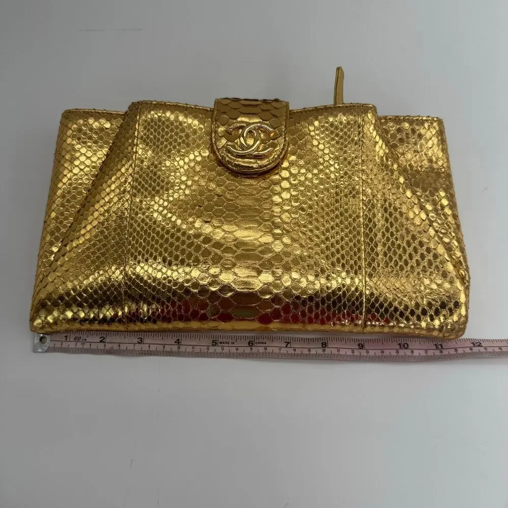 Chanel Gold Metallic‎ Python Clutch Series 19 2014 Full Set Glam