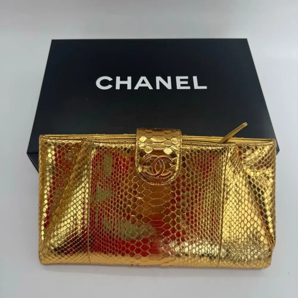 Chanel Gold Metallic‎ Python Clutch Series 19 2014 Full Set Glam