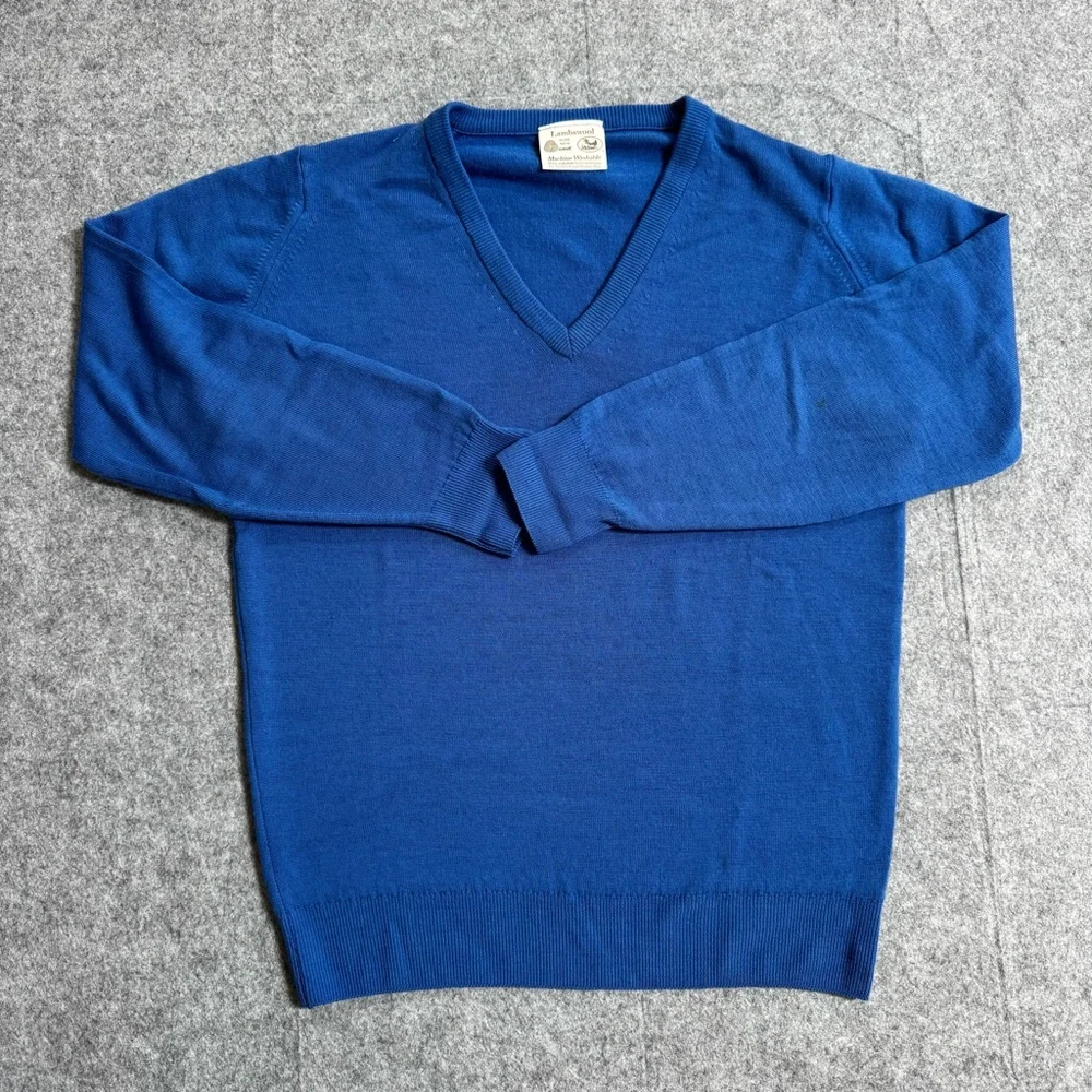 Pure New Wool Lambswool Sweater Men's Sz M Blue Edinburgh Woollen Mill V-Neck