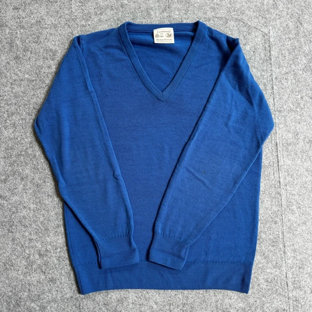 Pure New Wool Lambswool Sweater Men's Sz M Blue Edinburgh Woollen Mill V-Neck